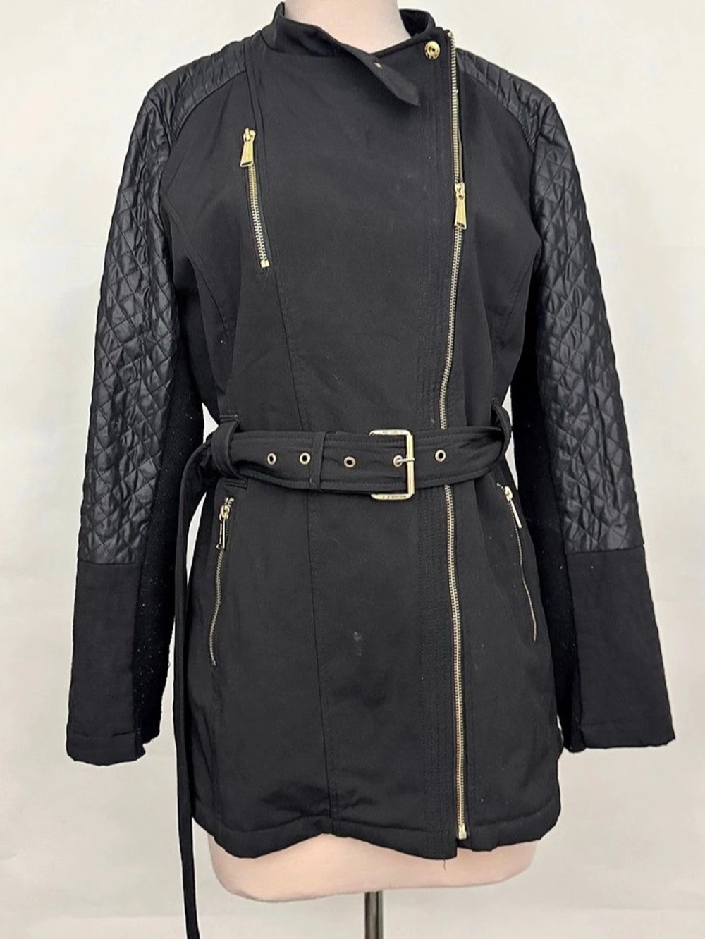 Michael Kors Gold & Black Belted Quilted-Sleeve Trench Coat XS
